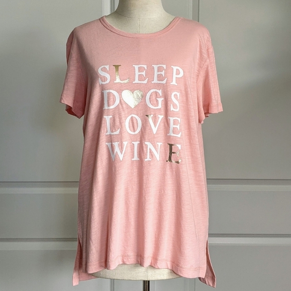 PJ Salvage Tee Sleep Dogs Love Wine Print Lounge Short Sleeve Blush Pink L NWT - Picture 1 of 10